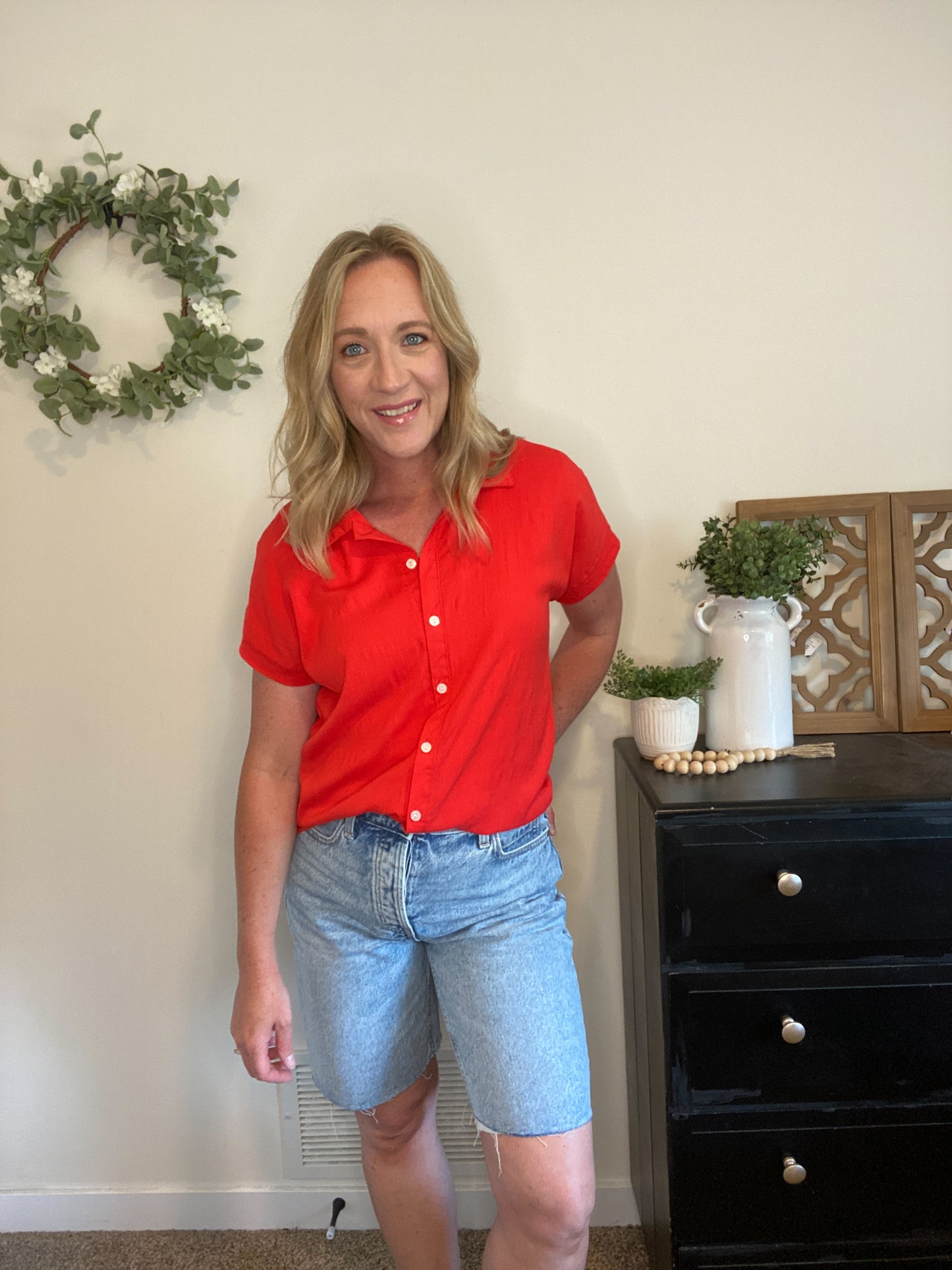 Daisy Coral-Red Button Down