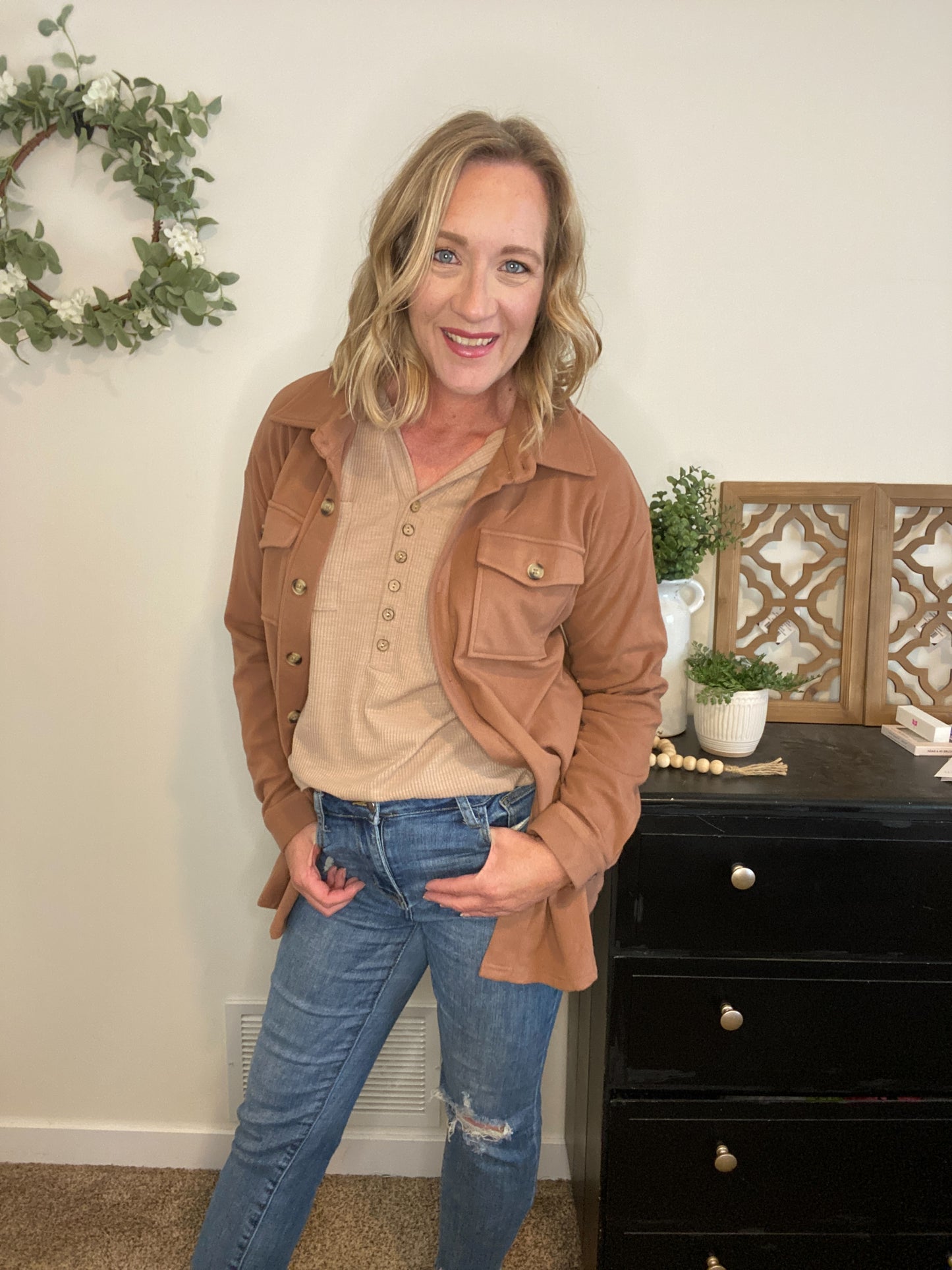 Collared Henley in Taupe
