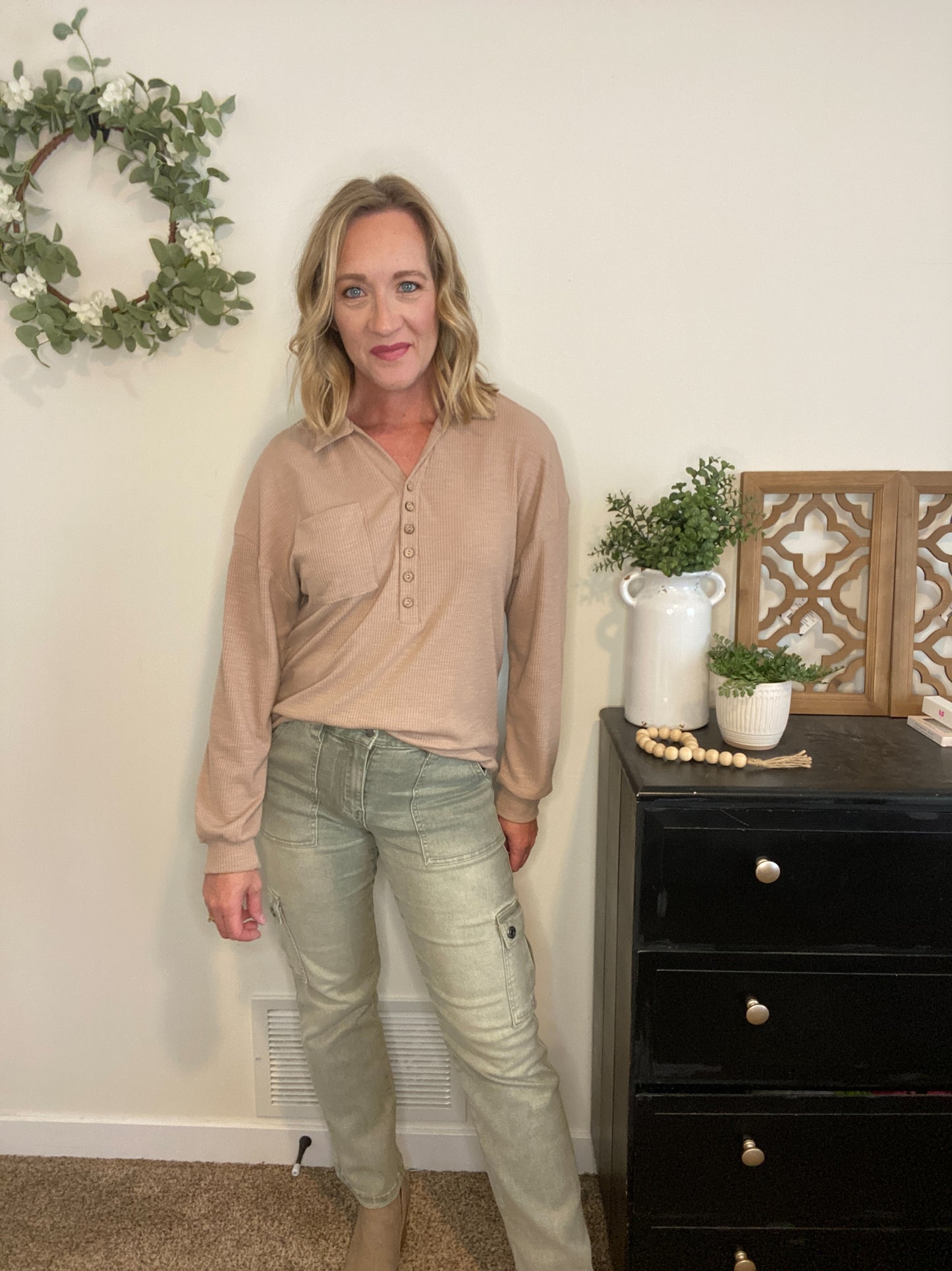 Collared Henley in Taupe