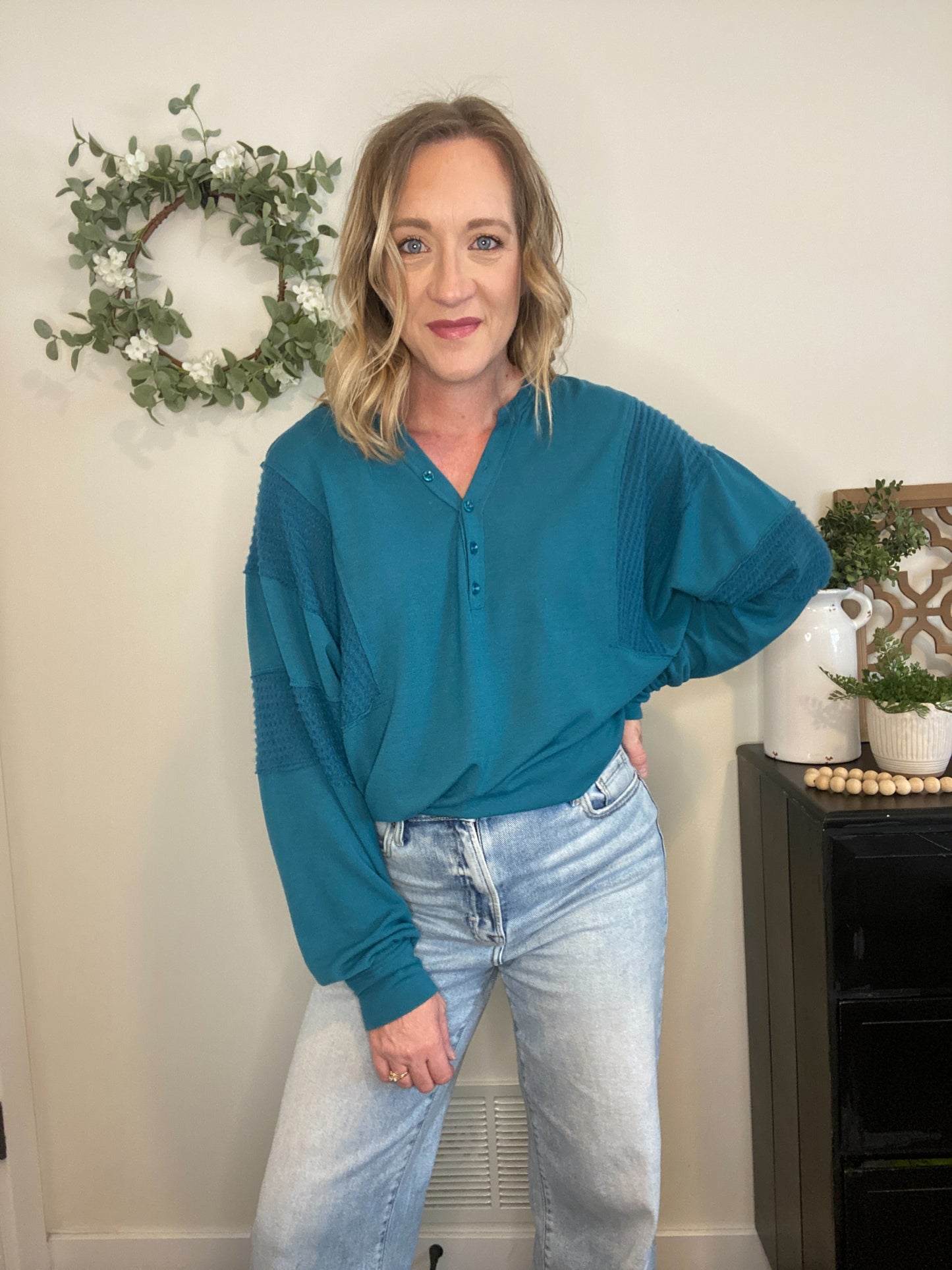 Kaidyn Teal Contrast Sleeve Top