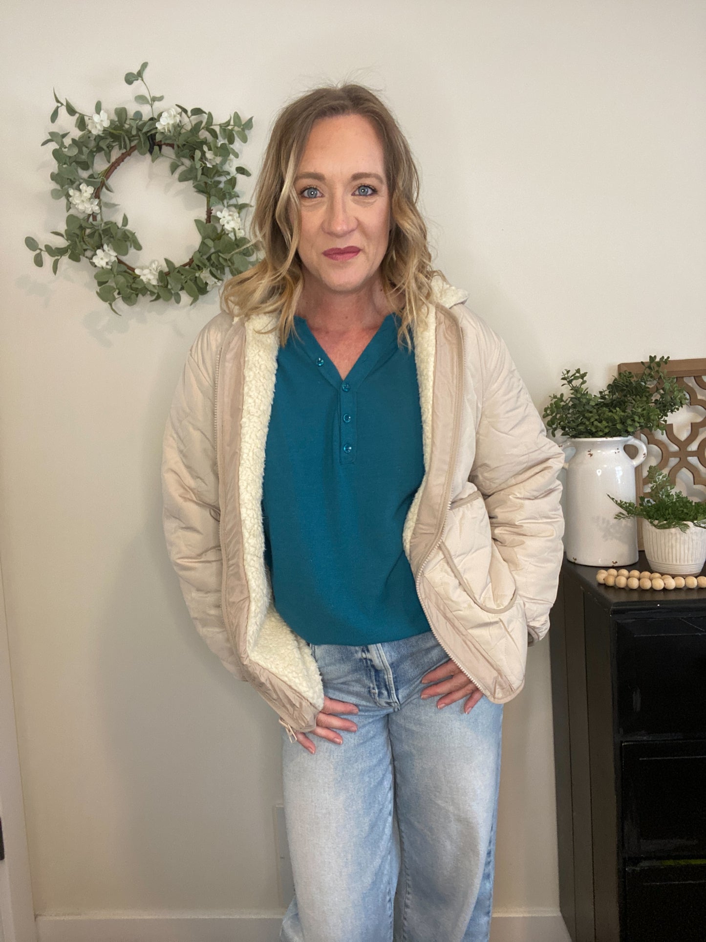 Kaidyn Teal Contrast Sleeve Top