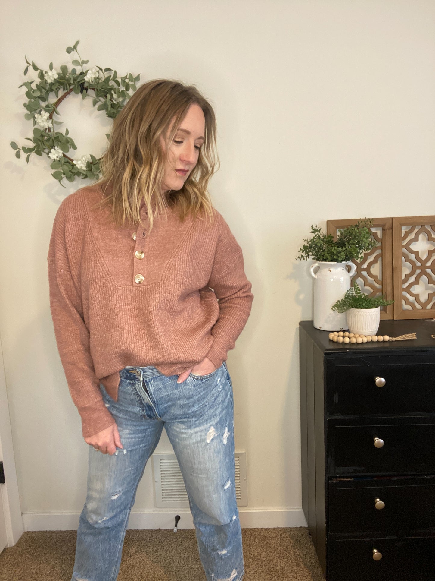 Ella Henley Ribbed Sweater in Pink
