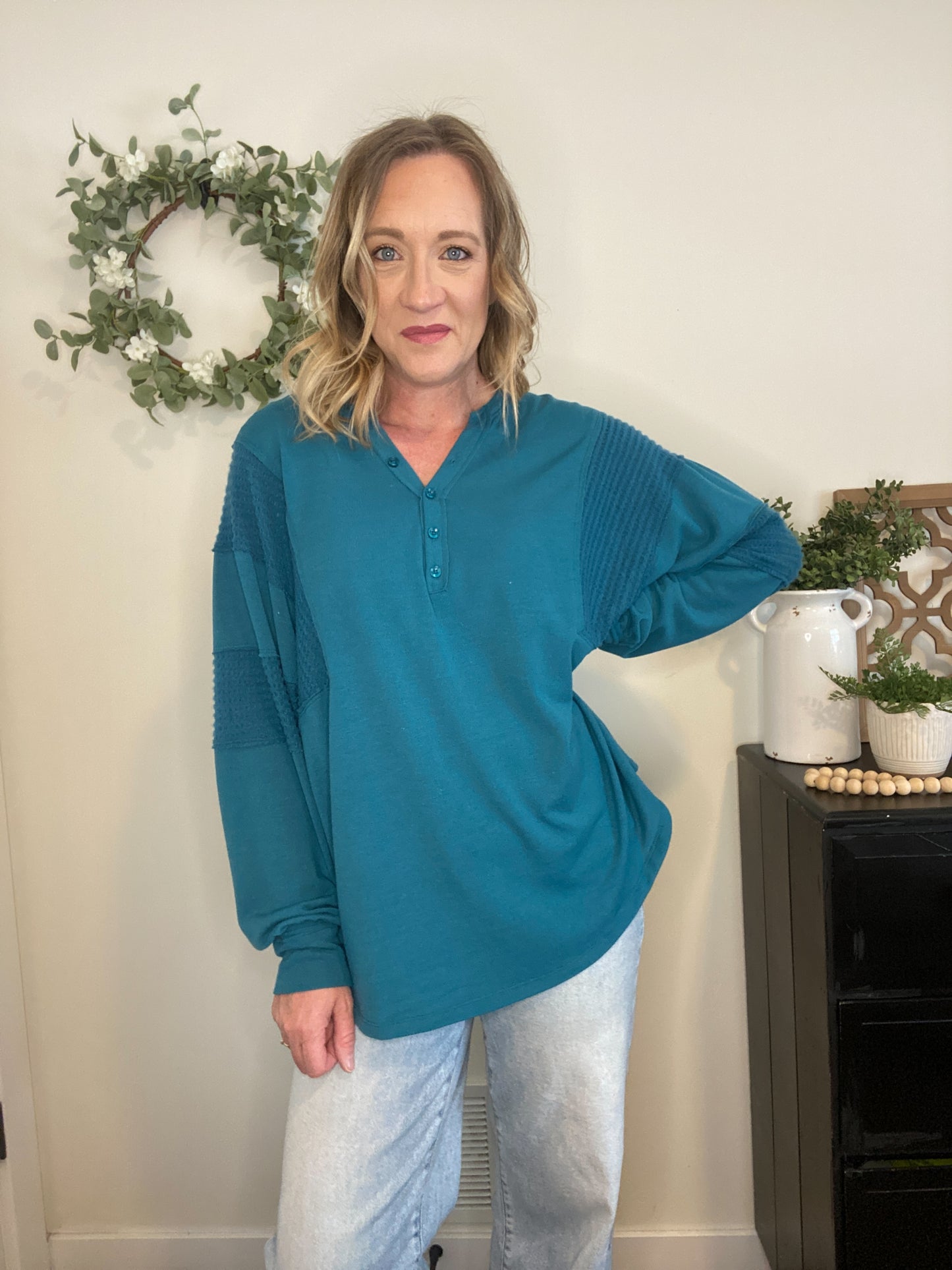 Kaidyn Teal Contrast Sleeve Top