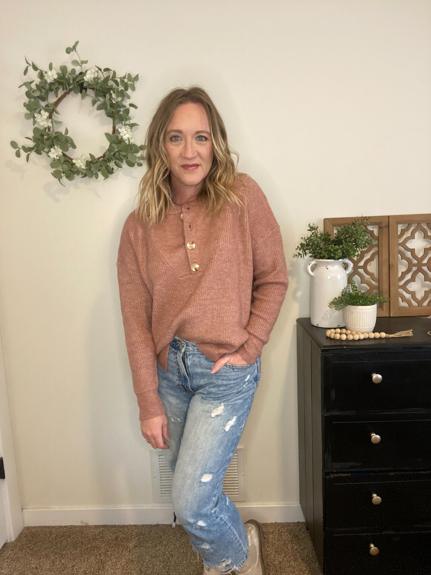 Ella Henley Ribbed Sweater in Pink