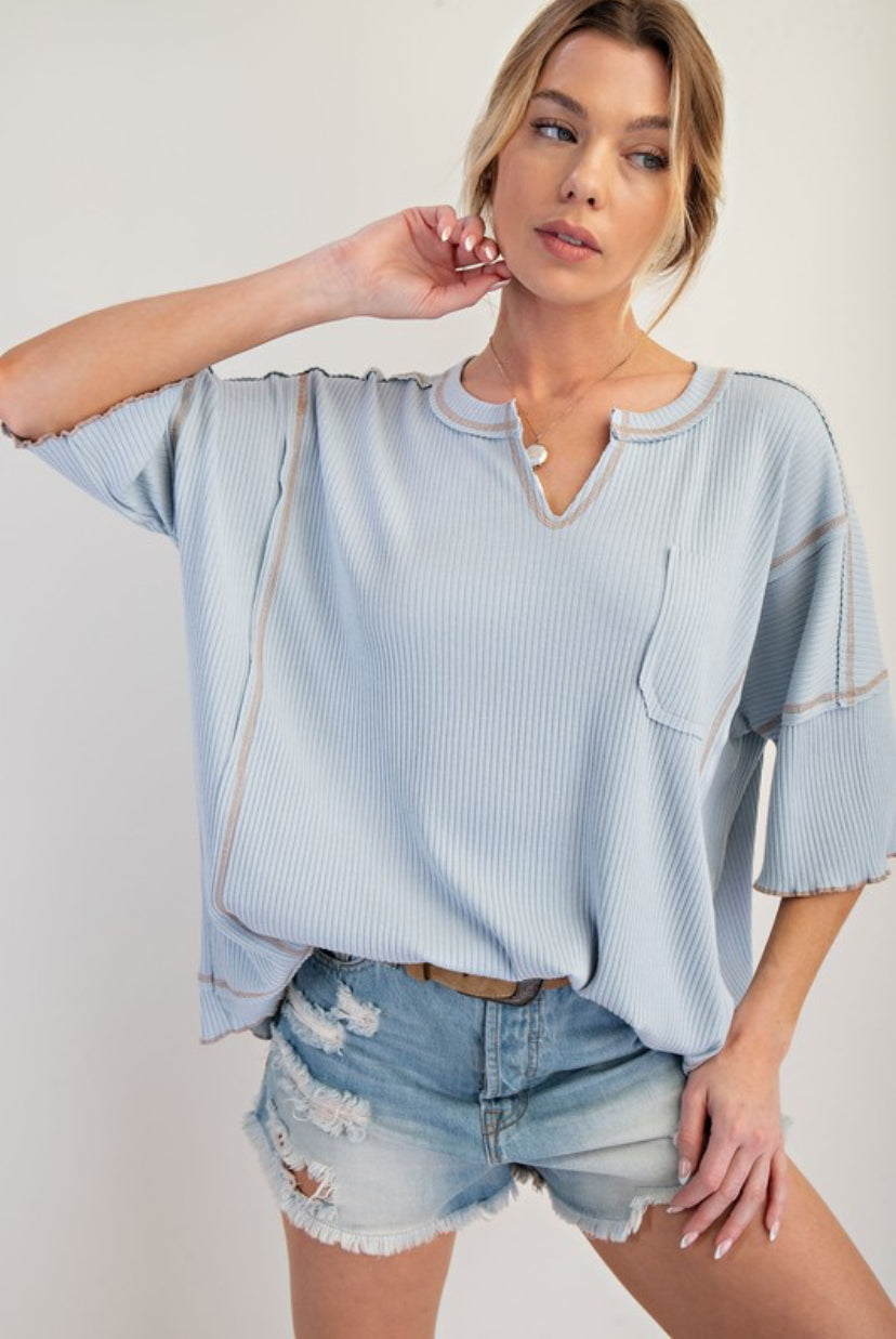 Brynn Light Blue Ribbed Top