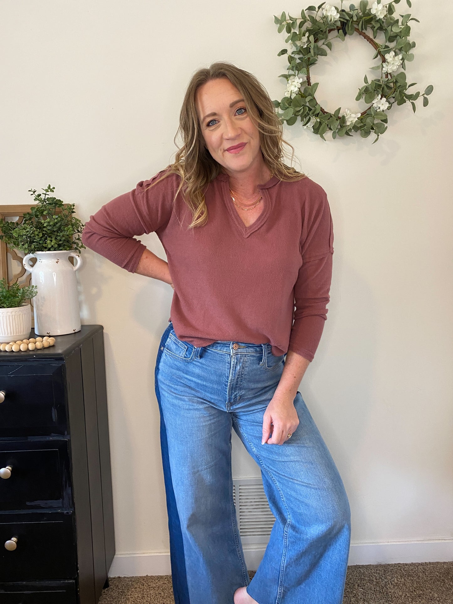 Sadie Long Sleeve V-neck in Dark Mauve