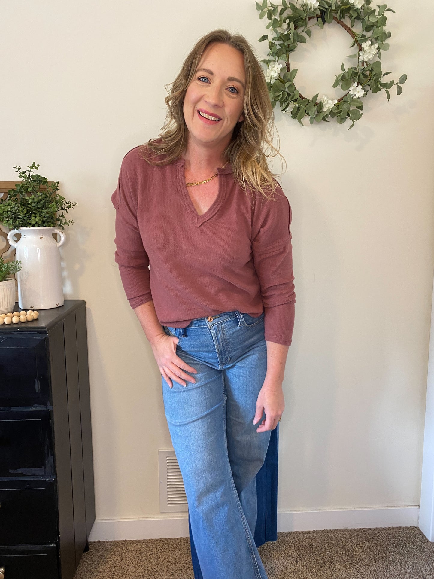 Sadie Long Sleeve V-neck in Dark Mauve