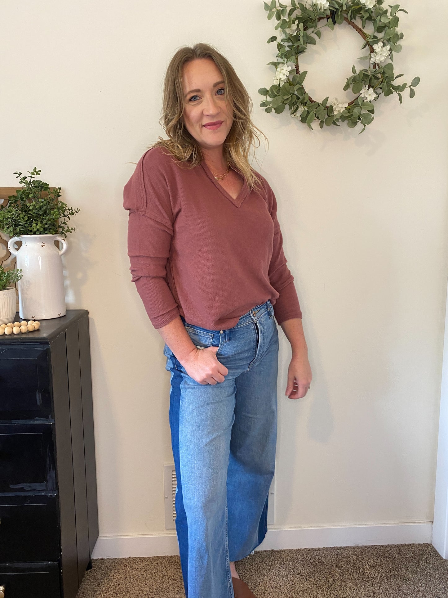 Sadie Long Sleeve V-neck in Dark Mauve