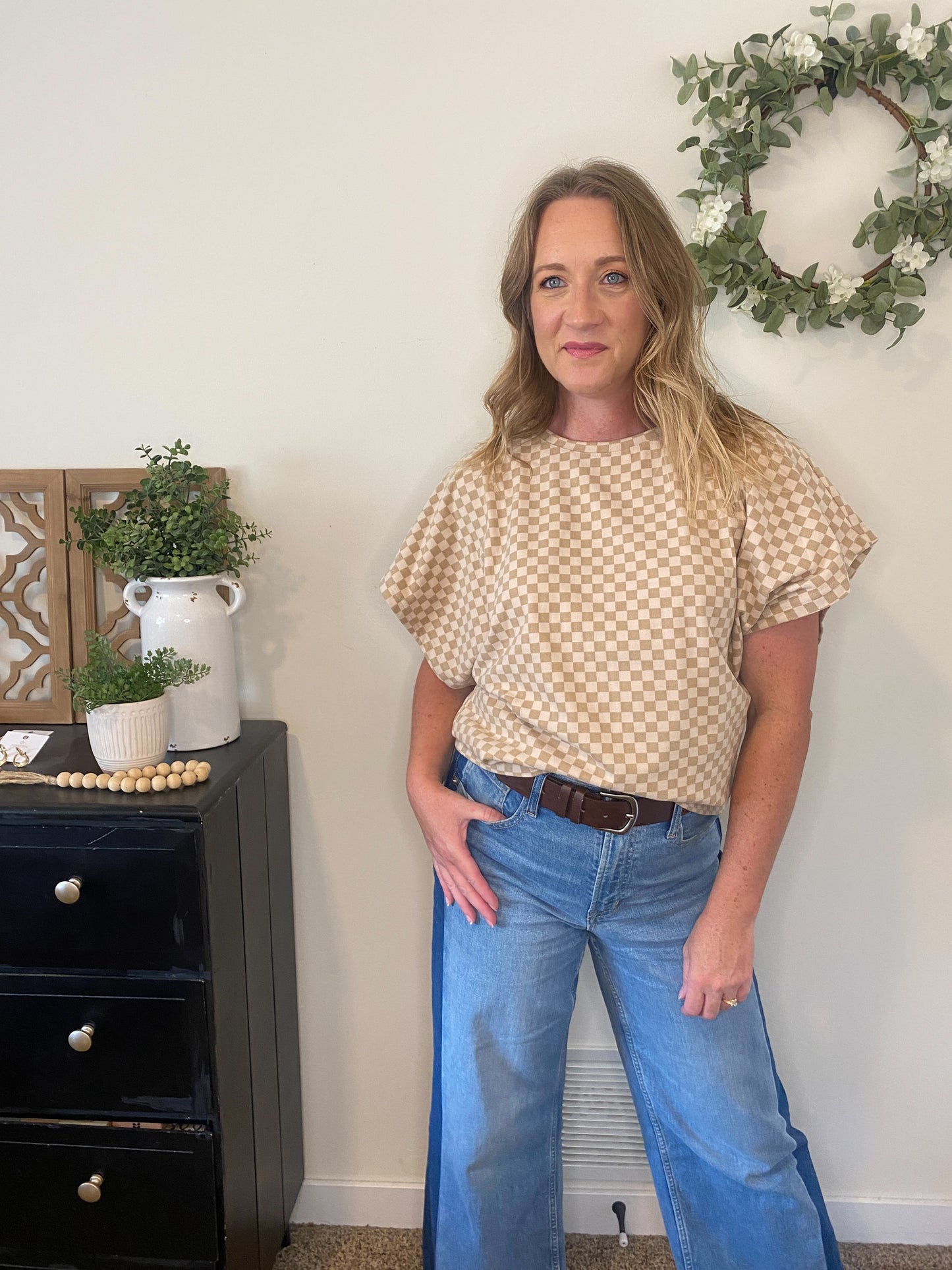 Berkley Dolman Sleeve Checkerboard Top in Almond