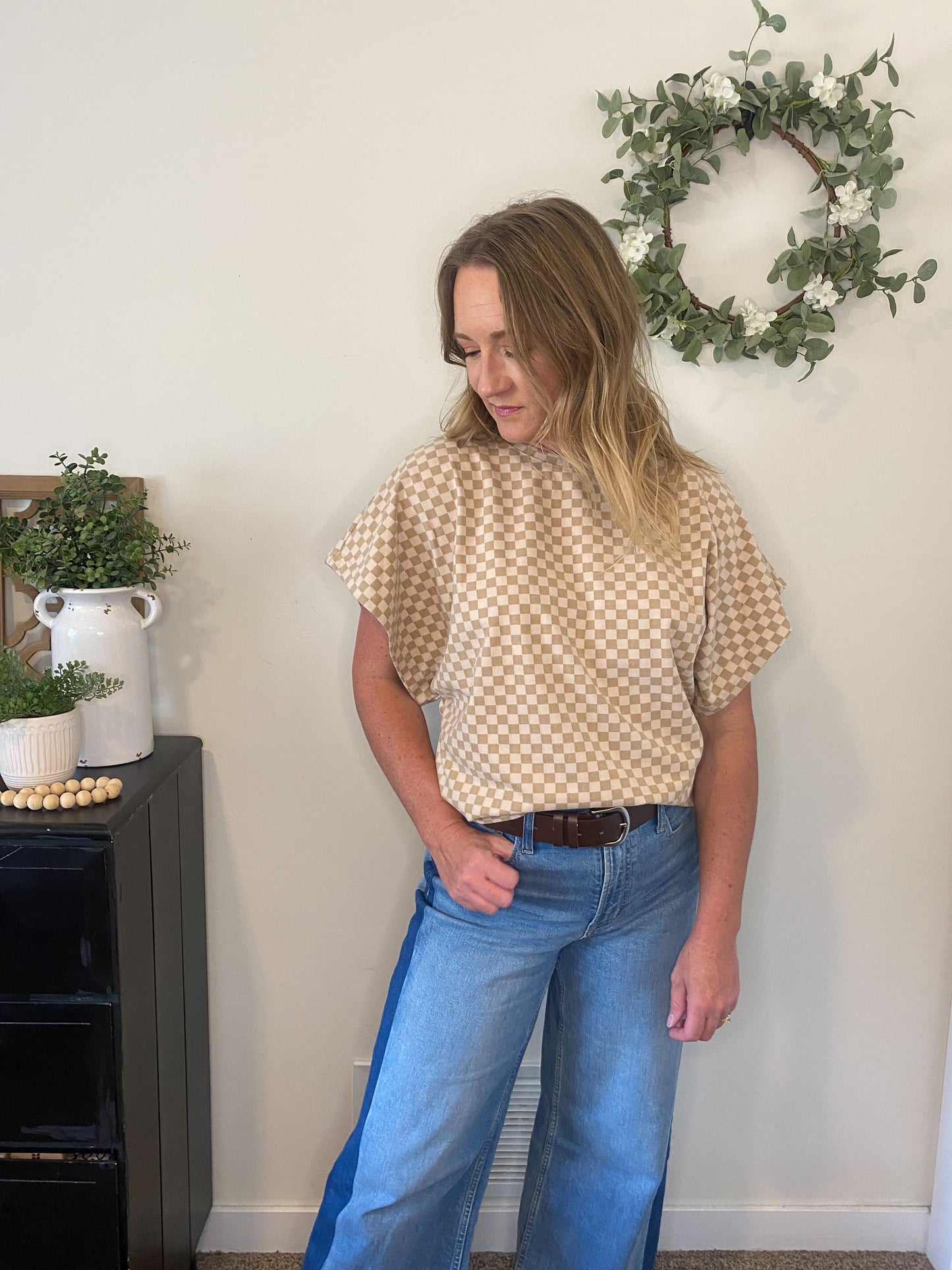 Berkley Dolman Sleeve Checkerboard Top in Almond