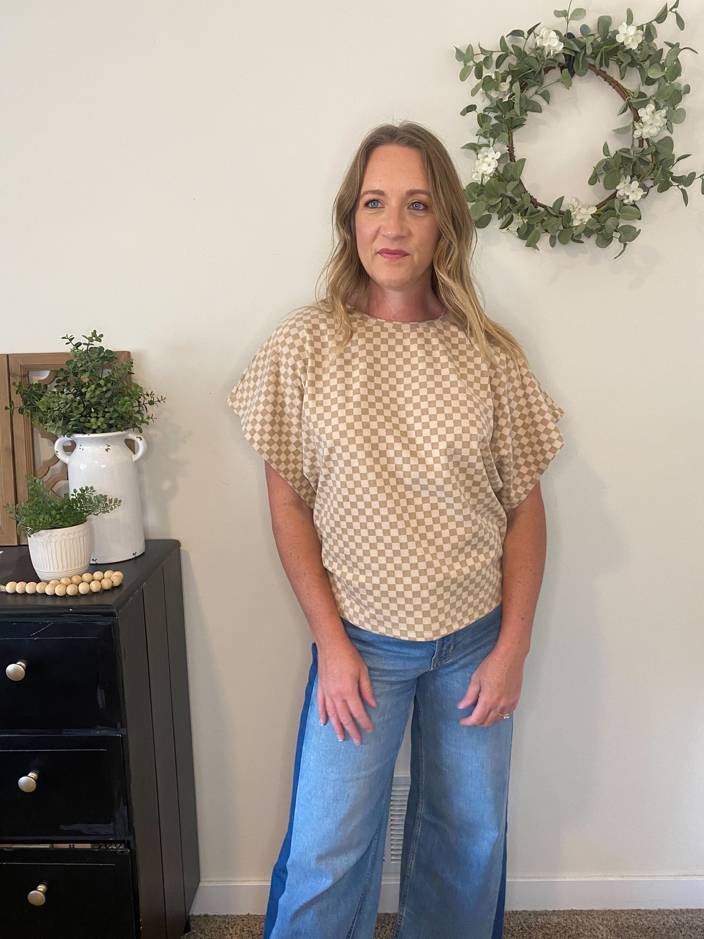 Berkley Dolman Sleeve Checkerboard Top in Almond