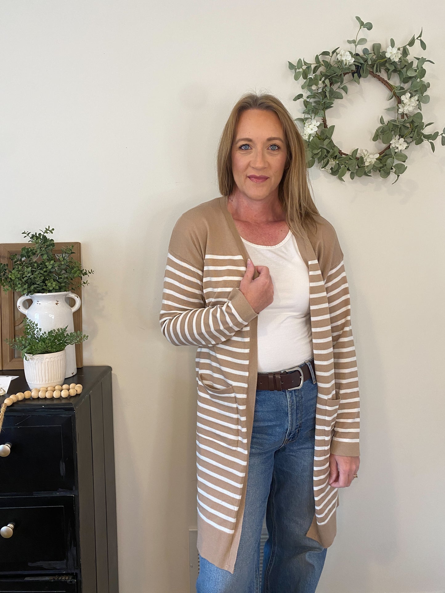 Swift Stripes Pocket Cardigan in Taupe
