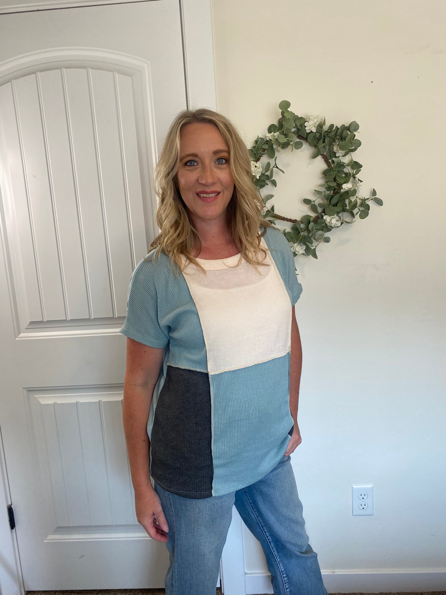 Bella Knit Color Block Top in Aqua - Final Sale