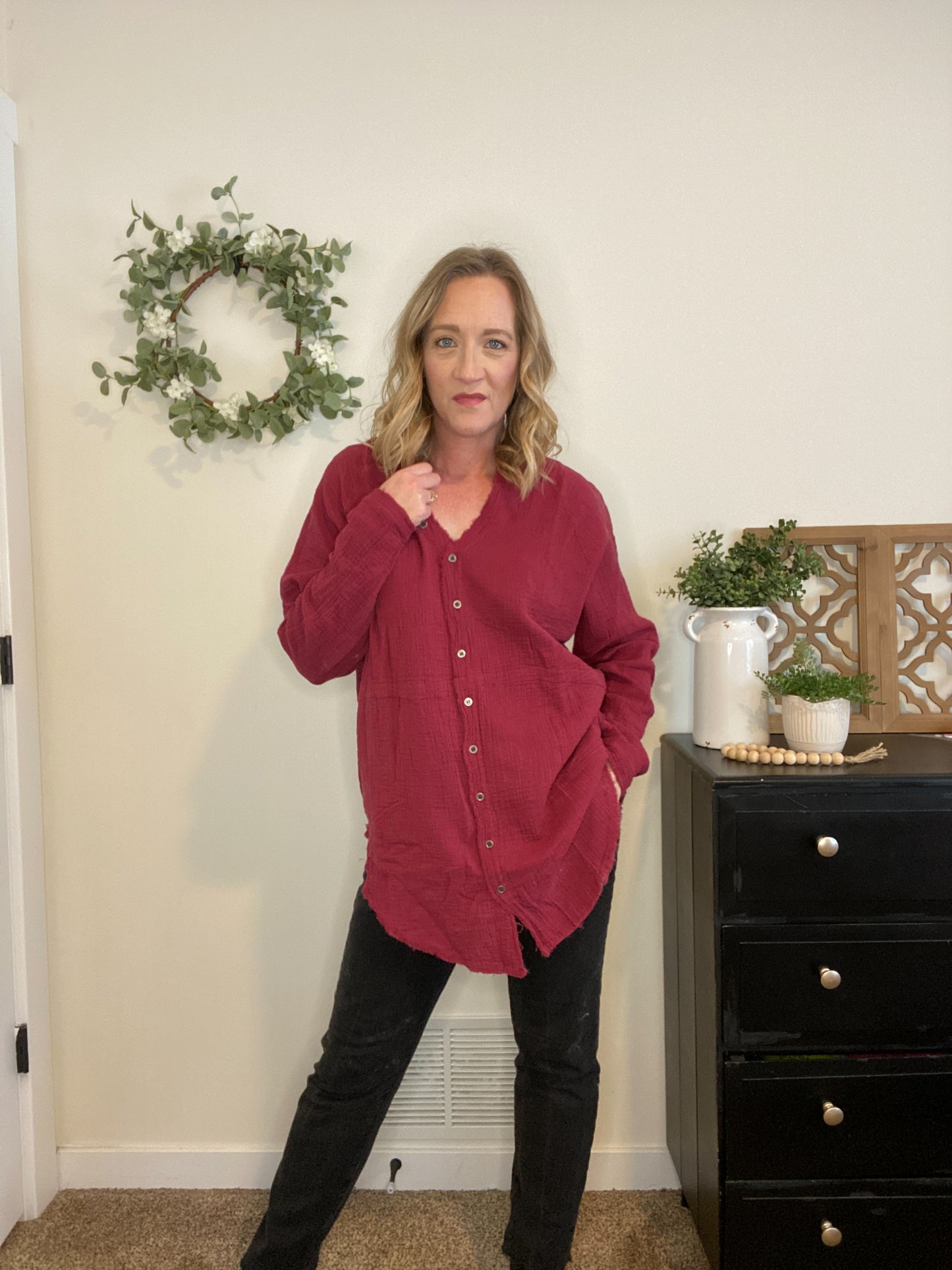 Taryn Button Down in Wine