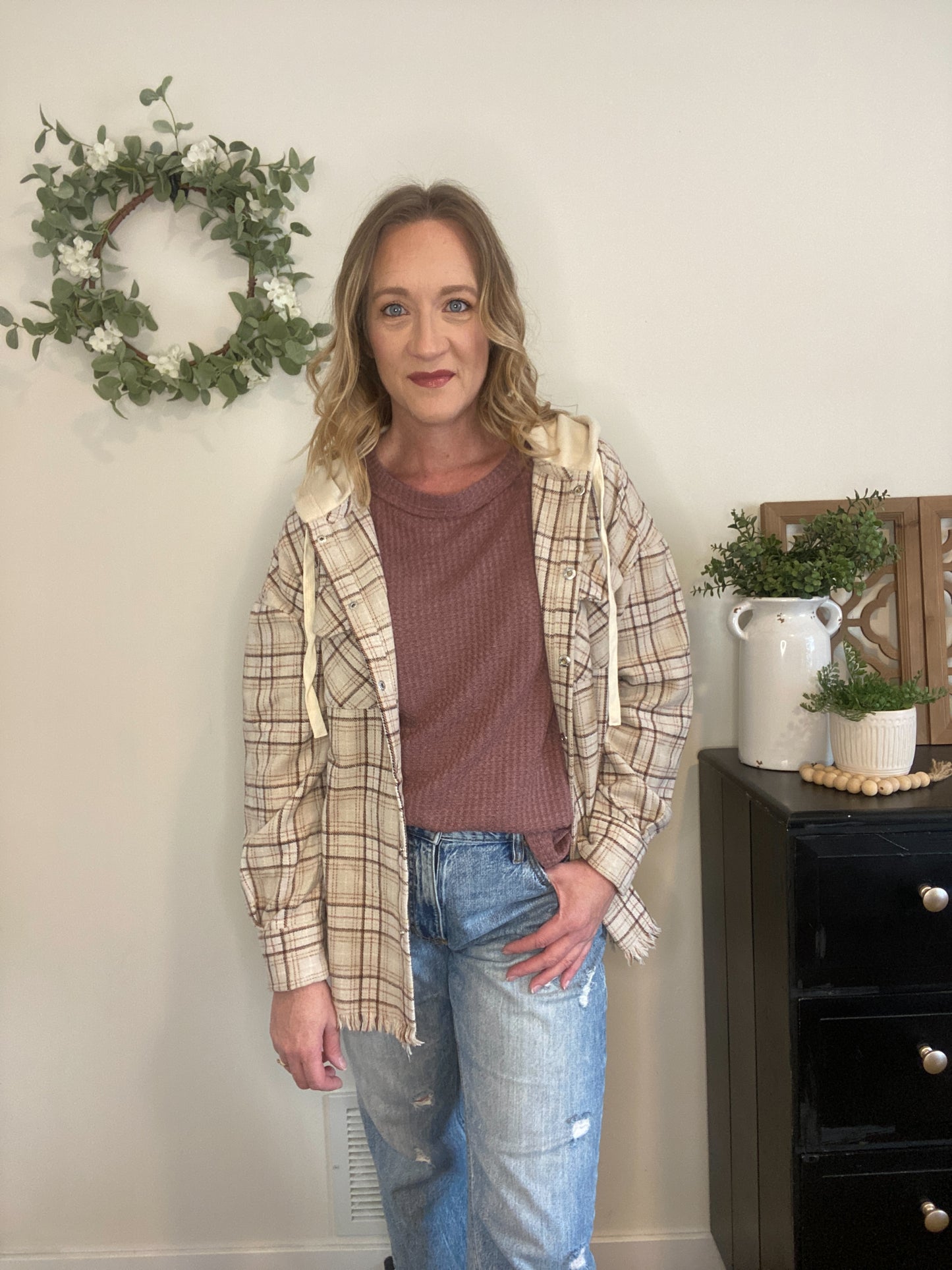 Camryn Beige Plaid Snap Top