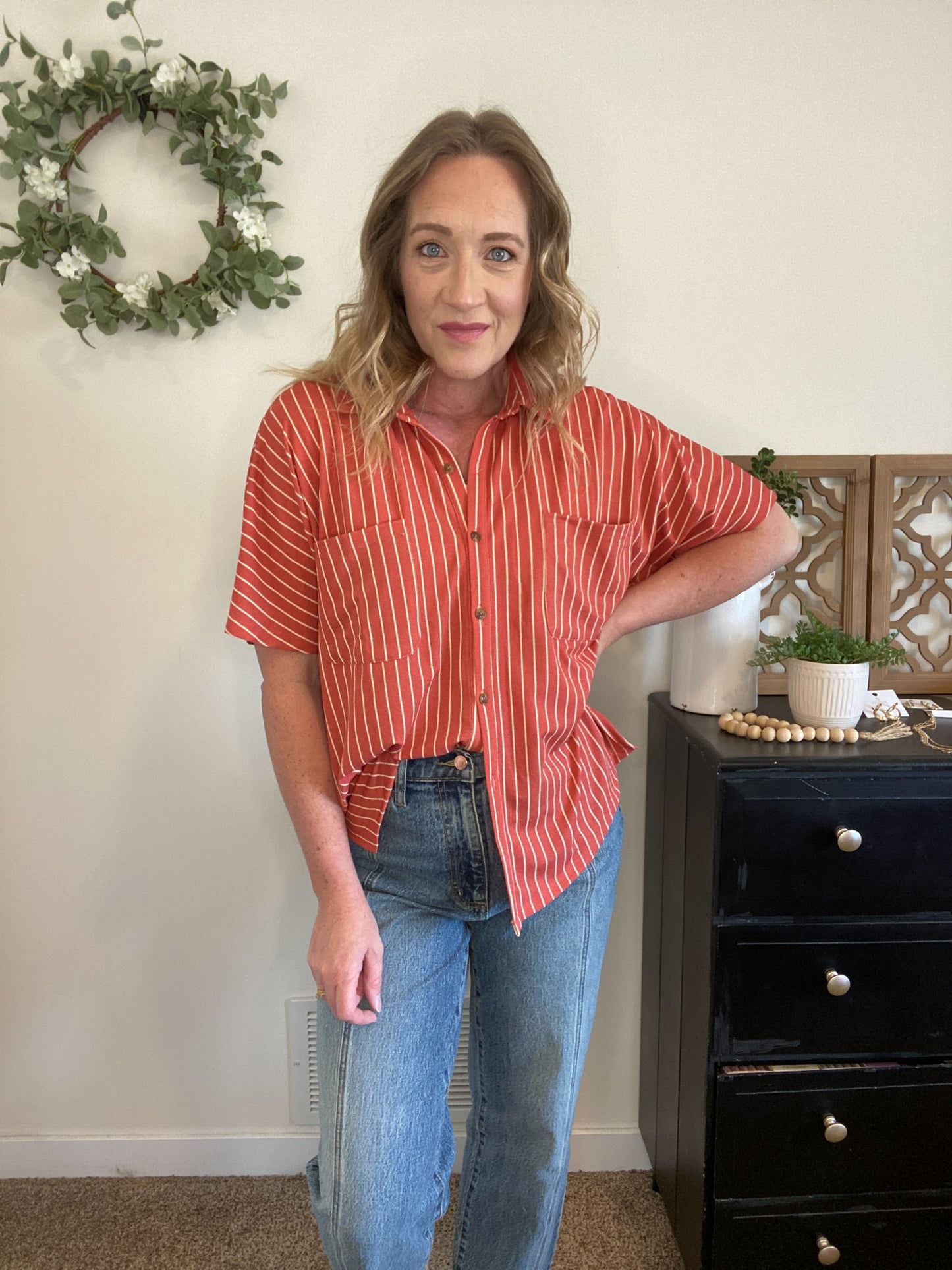 Alyce Striped Button Down in Brick