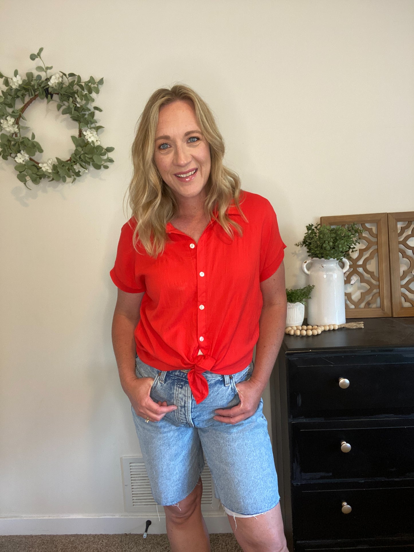 Daisy Coral-Red Button Down