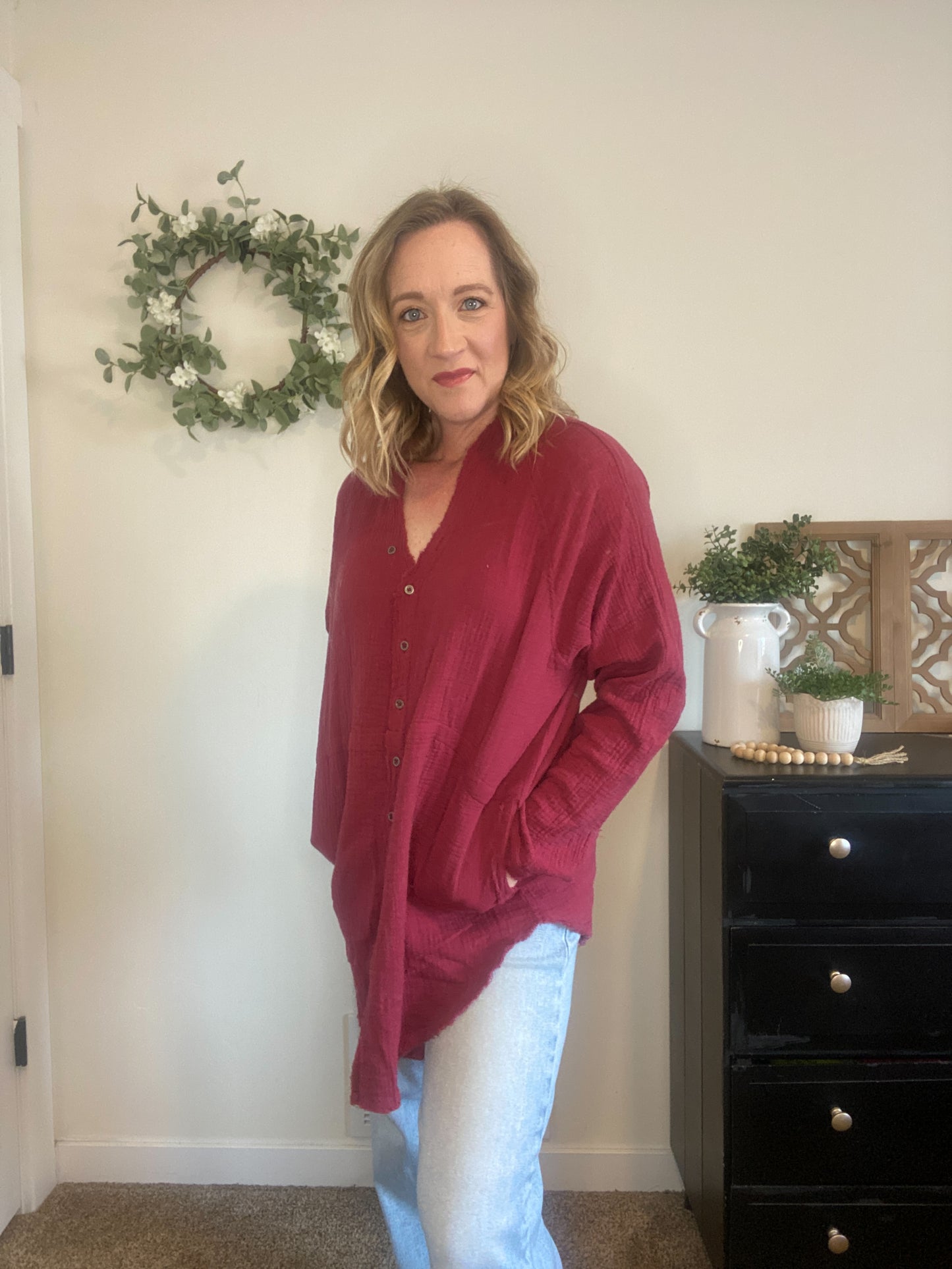 Taryn Button Down in Wine