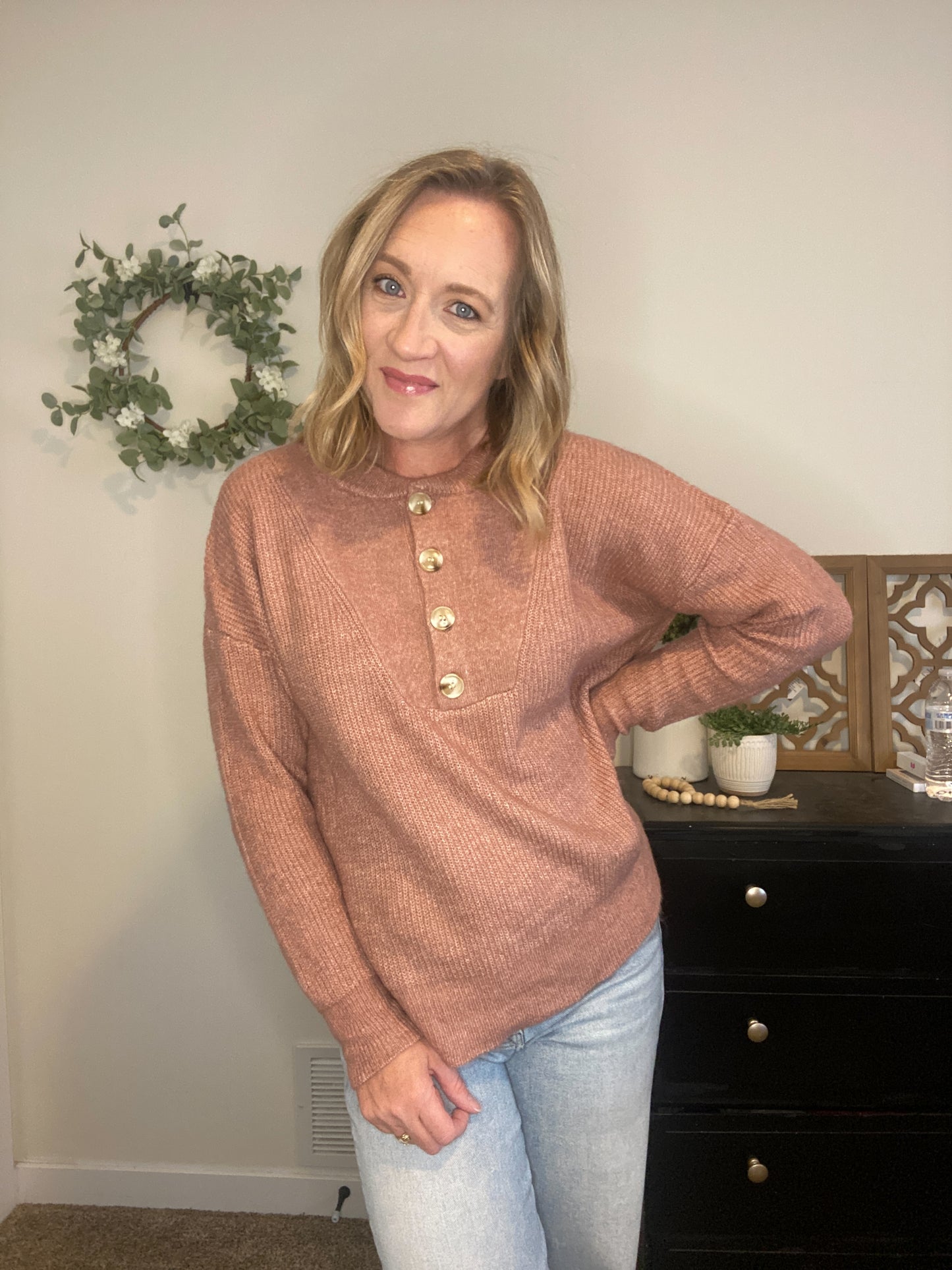 Ella Henley Ribbed Sweater in Pink