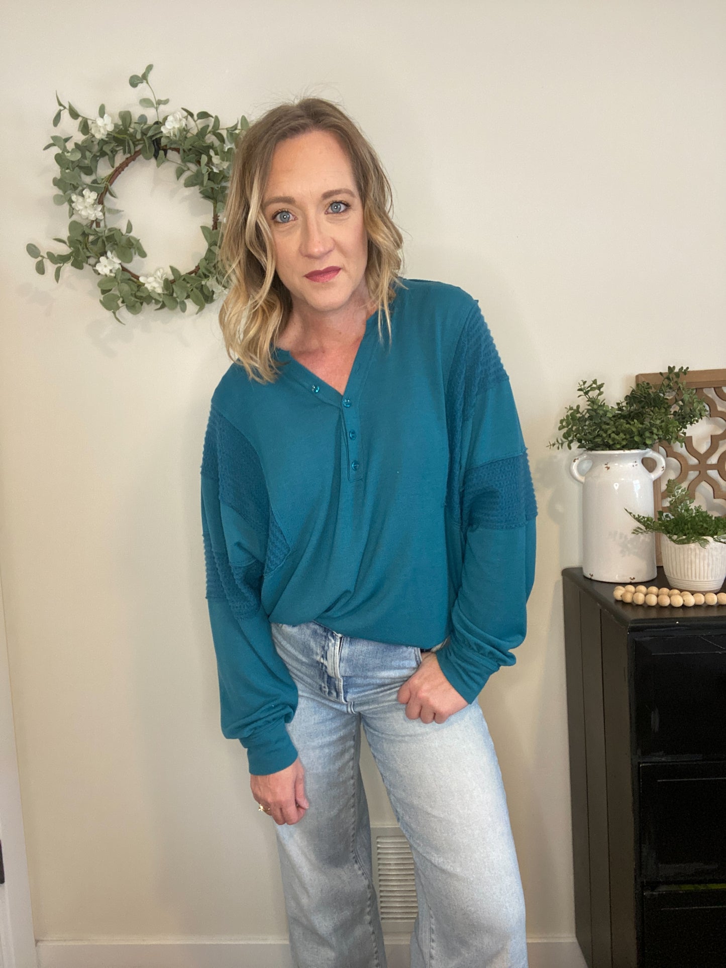 Kaidyn Teal Contrast Sleeve Top