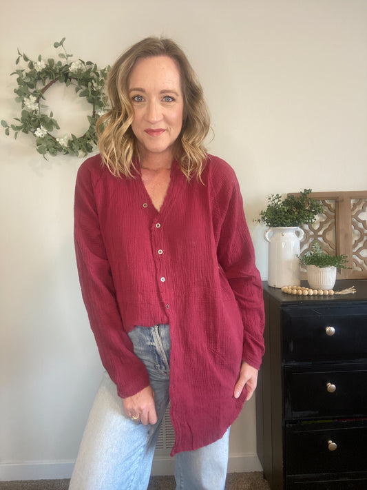 Taryn Button Down in Wine