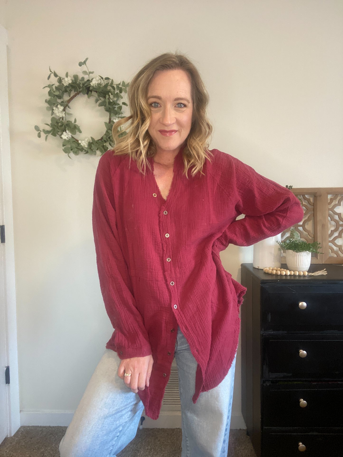 Taryn Button Down in Wine