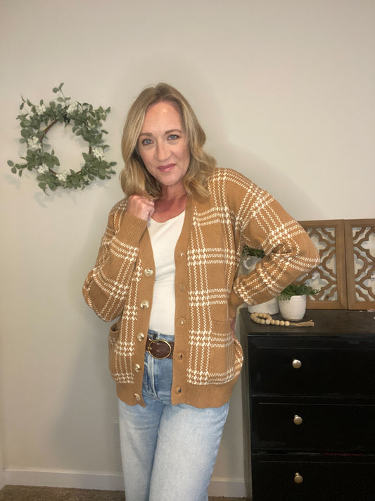 Bridgette Plaid Cardigan Sweater in Camel