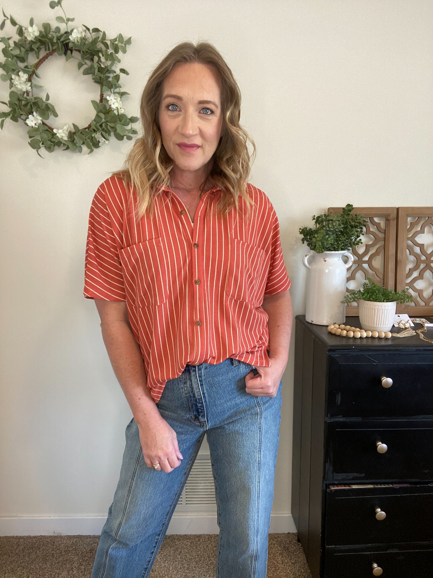 Alyce Striped Button Down in Brick