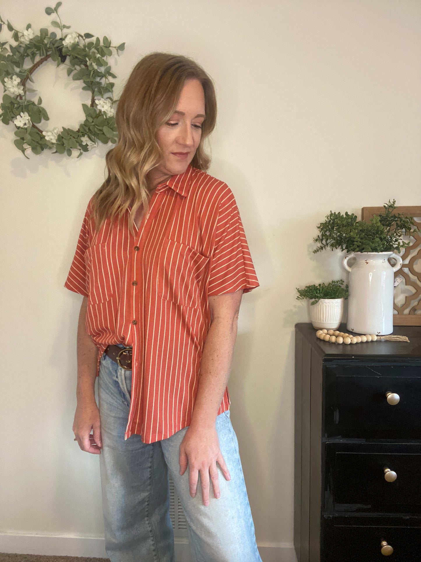 Alyce Striped Button Down in Brick