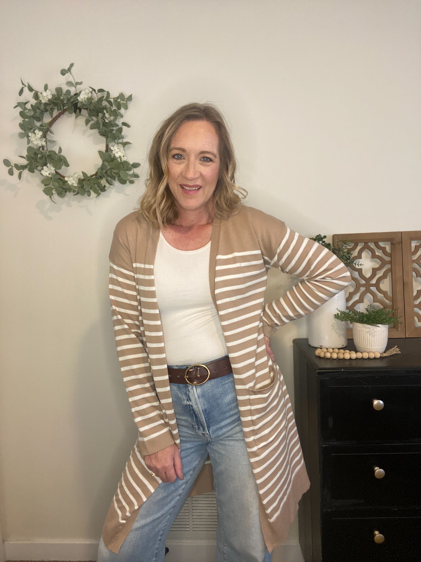 Swift Stripes Pocket Cardigan in Taupe