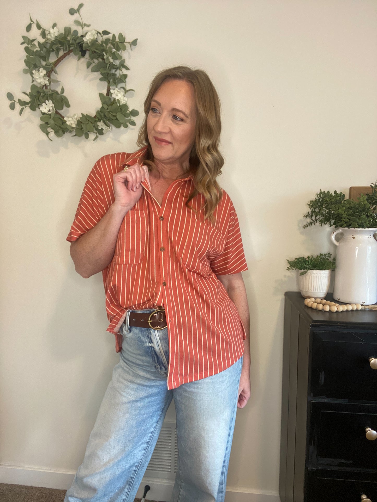 Alyce Striped Button Down in Brick