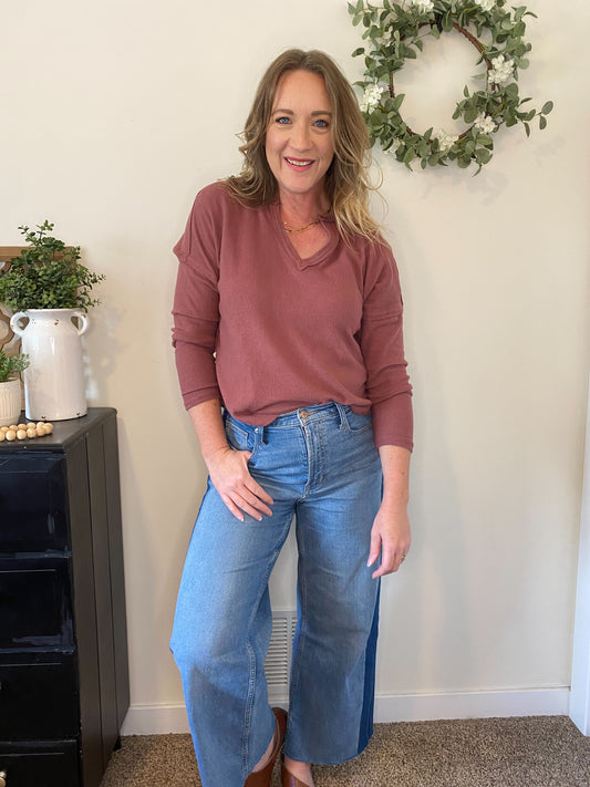 Sadie Long Sleeve V-neck in Dark Mauve