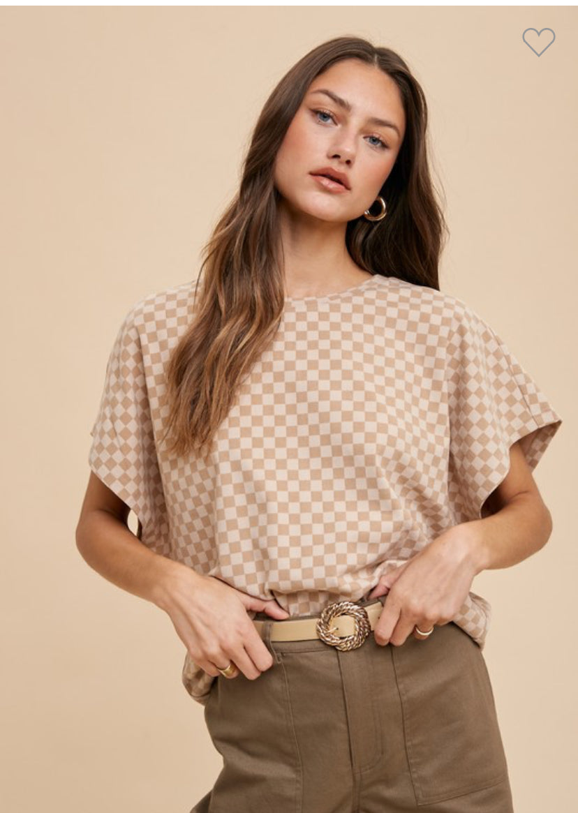 Berkley Dolman Sleeve Checkerboard Top in Almond