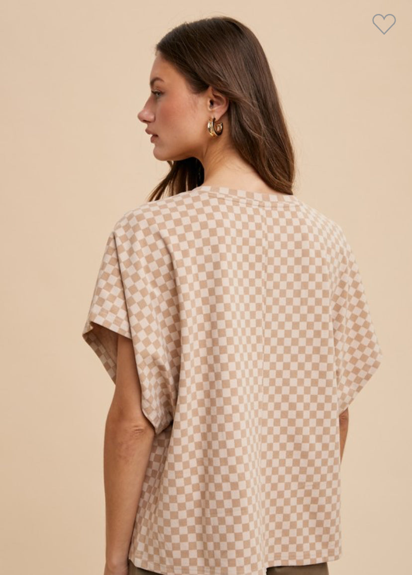 Berkley Dolman Sleeve Checkerboard Top in Almond