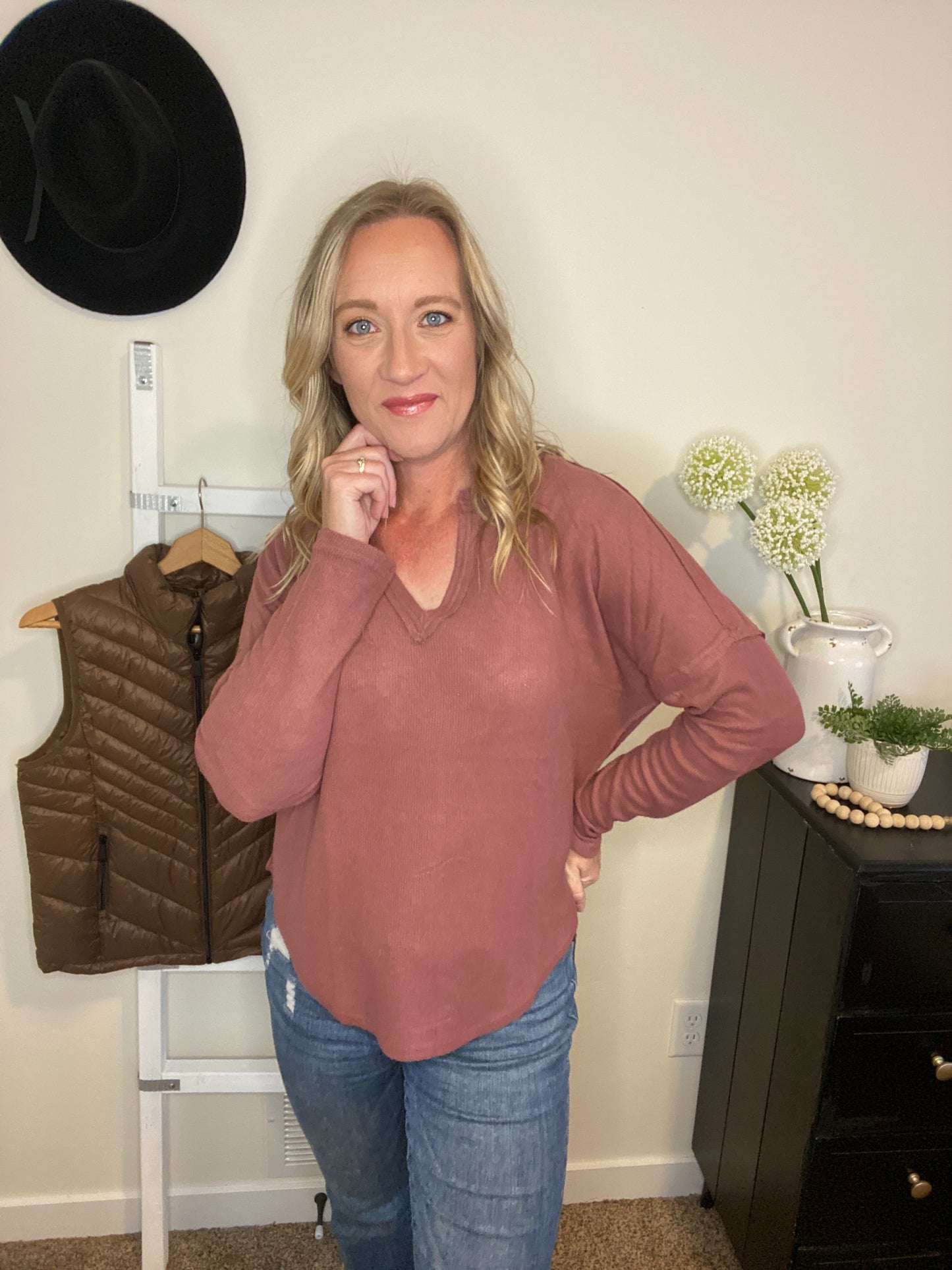 Sadie Long Sleeve V-neck in Dark Mauve