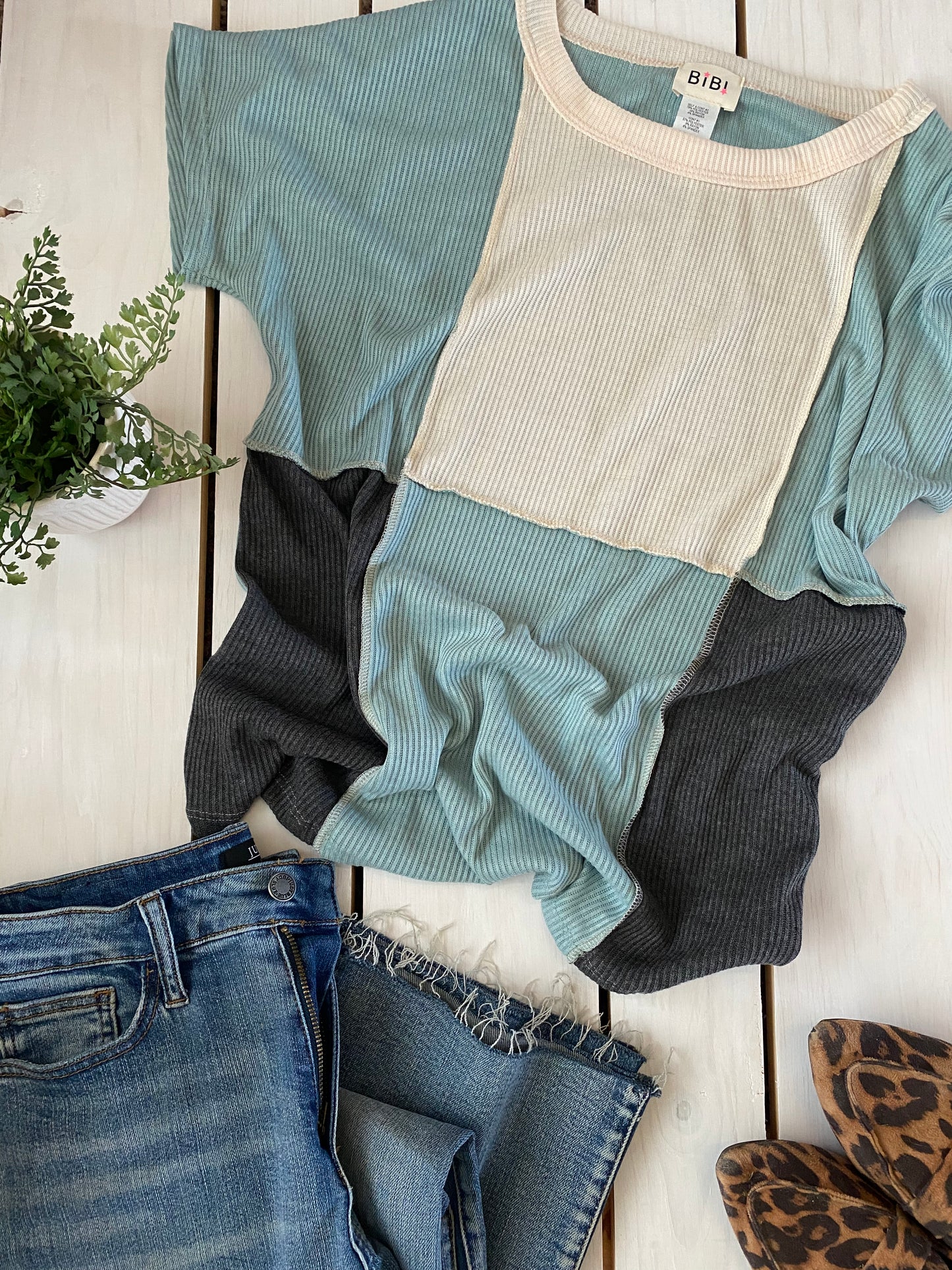 Bella Knit Color Block Top in Aqua - Final Sale